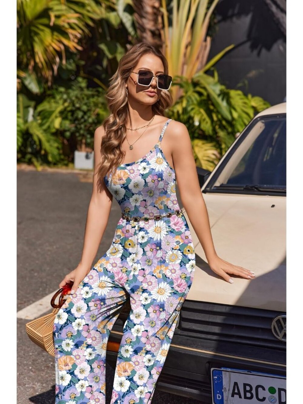 Women's Purple Yellow Summer Casual Tummy Control Sleeveless Wide Leg Romper - Picture 5 of 6
